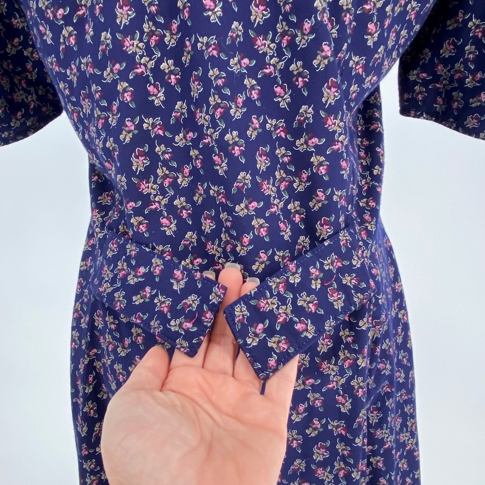 Vintage Navy Blue Pink Floral Midi Dress S Cottage Prairie Button Puff Sleeve - Picture 7 of 15